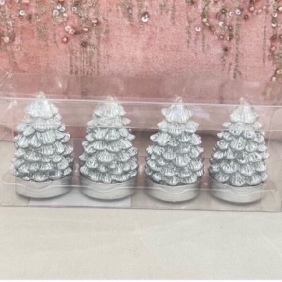 4 Silver Christmas Tree Tealight Candles 2.4 inc tall - Picture 1 of 8